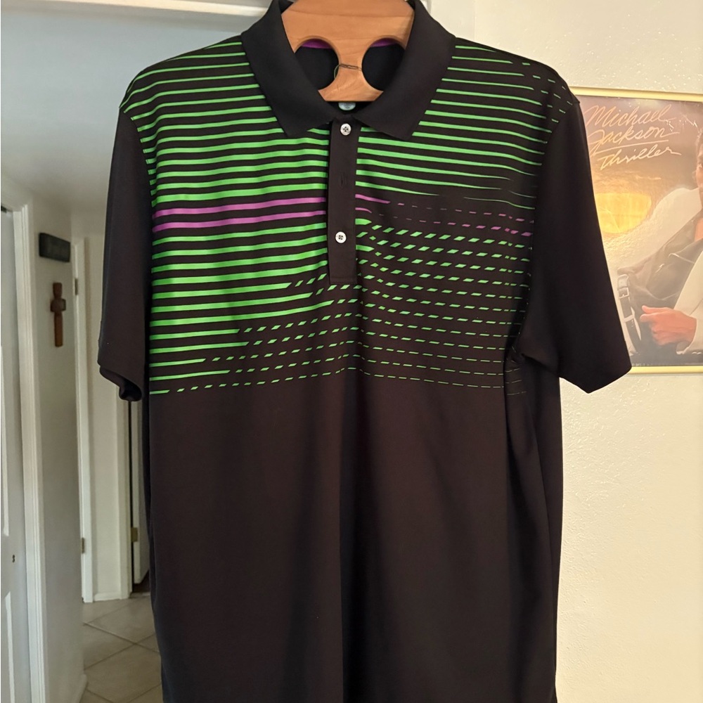 PGA Tour Pro Series Black Polo with Green and Purple Stripes